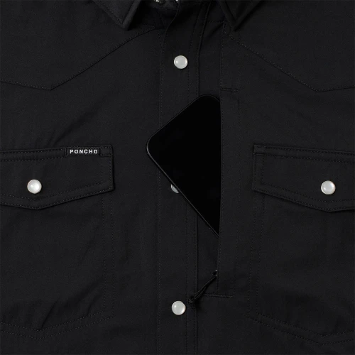 Men's Poncho Western Solid Button Up Piedras Negras Black Shirt phone pocket