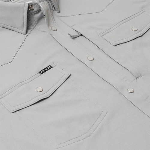 Men's Poncho Short Sleeve Western Solid Button Up Grey Shirt detail