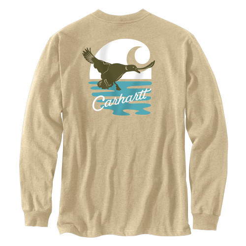 Men's Carhartt Long Sleeve Heavyweight Duck Graphic Beach Heather Tan Khaki T-Shirt