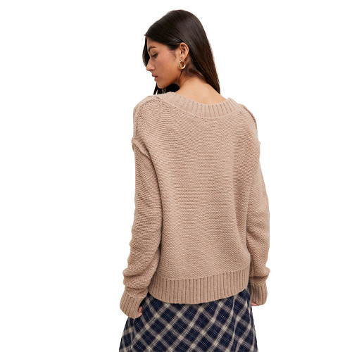 Women's Wishlist Raw Edge V-Neck Sweater Latte Tan Back