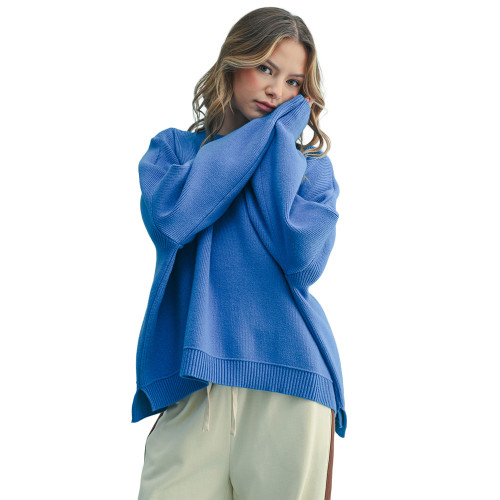 Women's Wishlist Drop Shoulder Solid Sweater Pacific Blue Front