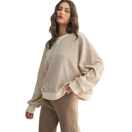Women's Wishlist Striped Contrast Pullover Sweatshirt - Camel Ecru Side