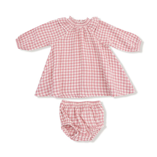 Infant Girls' Angel Dear Long Sleeve Ruffle Dress and Cover Rose Pink Plaid Main