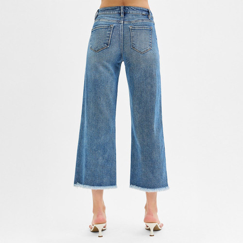 Women's Risen Tummy Control Mid Rise Crop Wide Leg Jeans Medium Back