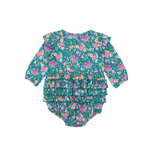 Infant Girls' RuffleButts Long Sleeve Knit Bubble Romper - Emerald Back