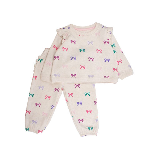 Infant/Toddler Girls' RuffleButts Flutter Sweatshirt Jogger Set Heather Oatmeal Ribbons Main