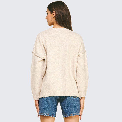 Women's Pinch Solid Knit Sweatshirt Oatmeal Back