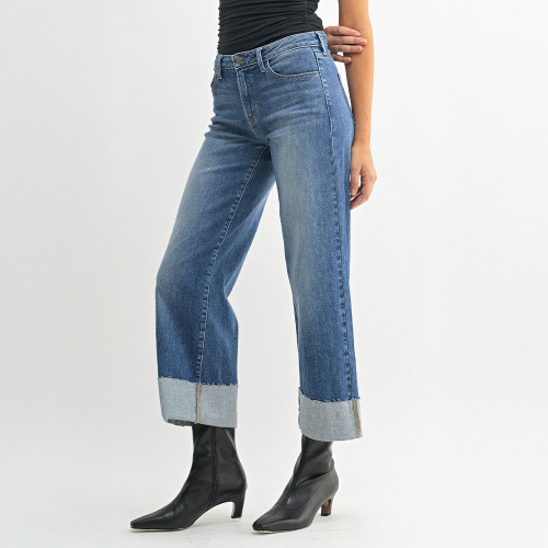 Women's Just Black Denim Scissor Cut Cuffed Slim Wide Medium Denim Blue Jeans side