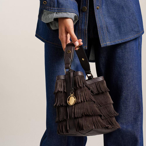 Fossil Jessie Leather Small Bucket Crossbody Bag - Mink Fringe Model Carrying