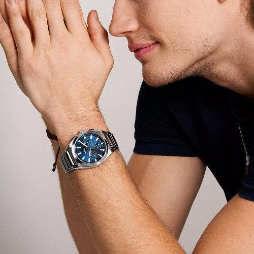 Men's Fossil Everett Chronograph Stainless Steel Watch - Blue Dial Model Wearing Watch