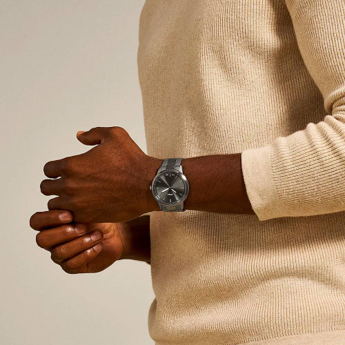 Men's Fossil Minimalist Smoke Stainless Steel Watch - Gray Dial Model Wearing The Watch