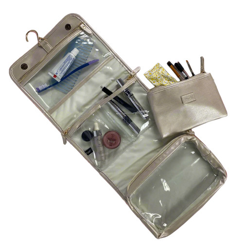 PurseN Classic Toiletry Case - Pearl Quilted Interior Unfolded And Packed