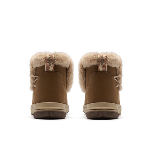 Women's Clarks Breeze Fur Ankle Boots - Dark Tan Heel View
