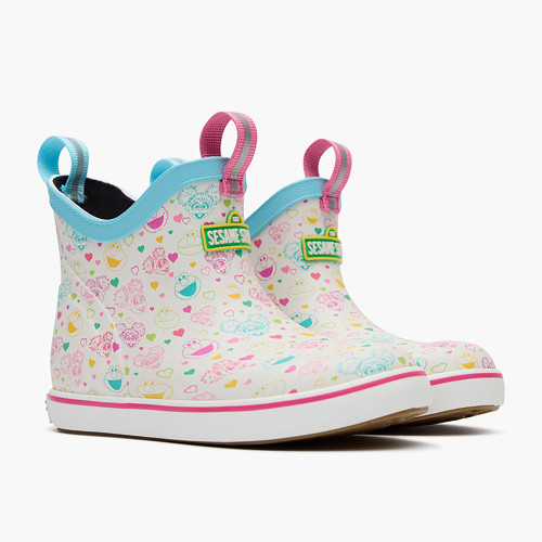 Girls' Xtratuf Sesame Street Ankle Deck Boot - White Multi Front Angled Pair