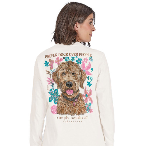 Women's Simply Southern Long Sleeve Dog People T-Shirt - Linen Back View On Model