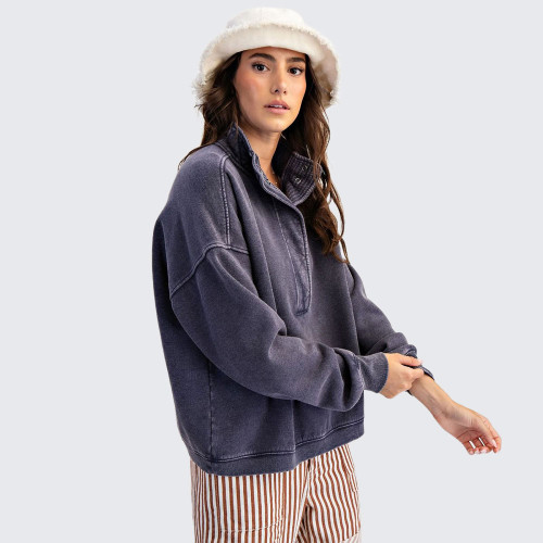 Women's Easel Thermal Terry Pullover Blueberry Side Model View