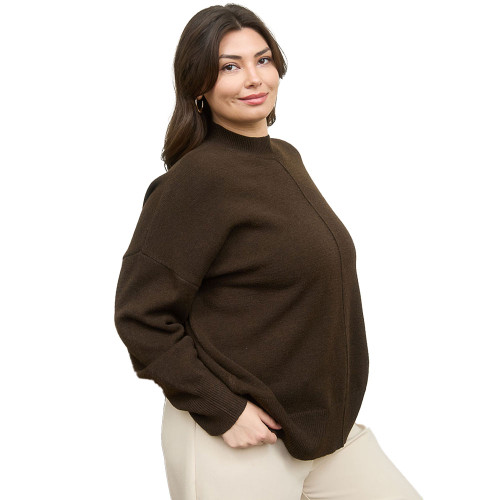 Women's Blu Pepper Mock Neck Long Sleeve Knit Sweater - Plus Size Brown Side Model