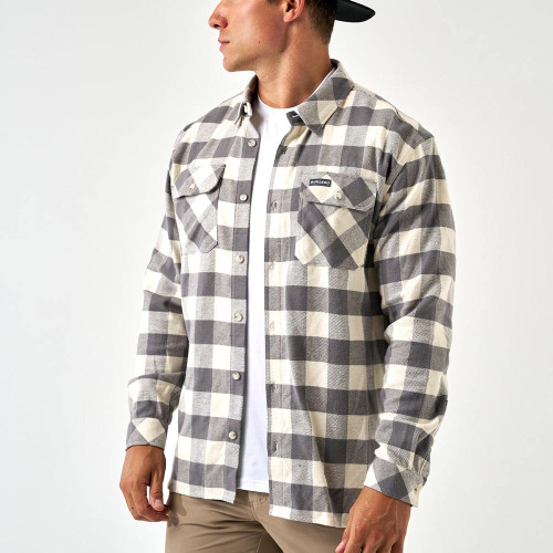 Men's Burlebo Flannel Shirt Grey Buffalo Plaid Front On Model