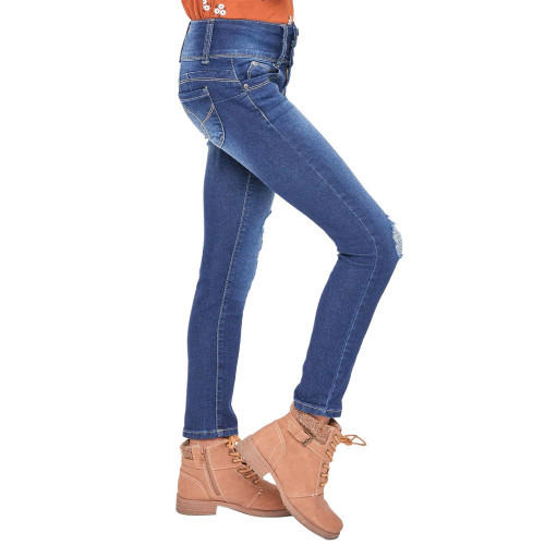 Girls' YMI WannaBettaFit 3-Button Clean Hem Skinny Jeans Midnight Sky Blue Rips Side