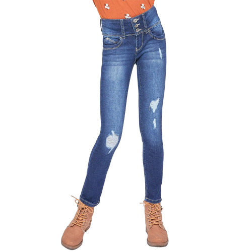 Girls' YMI WannaBettaFit 3-Button Clean Hem Skinny Jeans Midnight Sky Blue Rips Main
