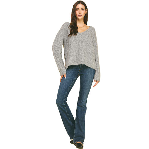 Women's Pinch V-Neck Textured Sweater Wolf Grey Full Model