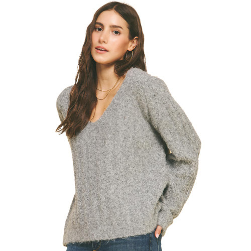 Women's Pinch V-Neck Textured Sweater Wolf Grey Side