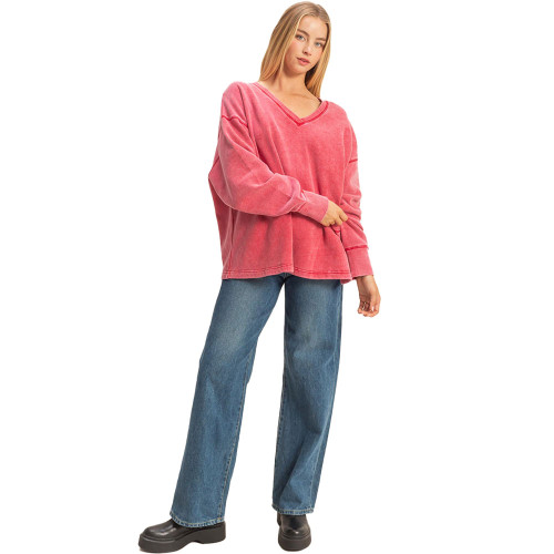 Women's Double Zero Oversized V-Neck Sweatshirt Red Full Model