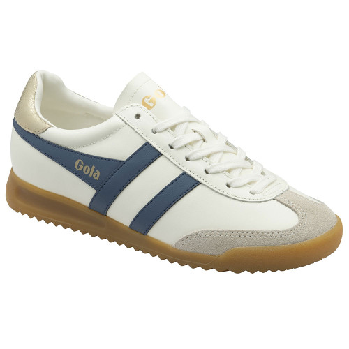 Women's Gola Classics Torpedo Leather Sneakers - Off White Moonlight Blue Gold Front Angled View