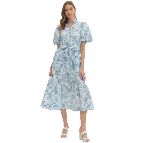 princess polly baby blue dress White And Blue Embroidered Midi Dress – self-portrait-US main image 1