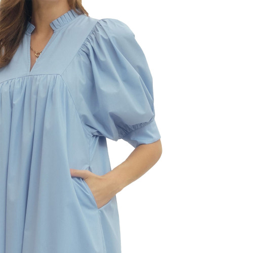 Women's Entro Solid V-Neck Midi Dress Chambray Front Shoulder Detail