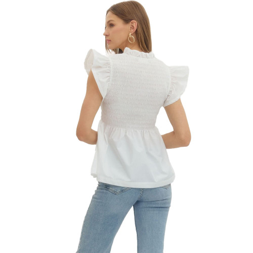 Women's Entro Flutter Sleeve Peplum Top Off White Back