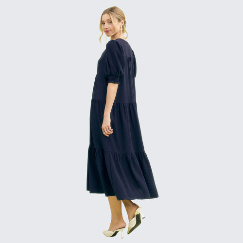 blue floor length wedding guest dress Umgee Printed Smocked Waist Flounce Sleeve Midi Dress Ivory / L main image 0