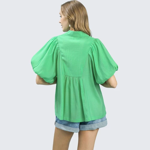 Women's Umgee Smocked V-Neck Puff Sleeve Blouse Mint Green Back Model View