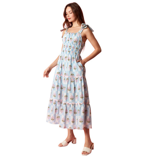 peach and blue dress Navy Blue Floral Pattern V-neck Dress