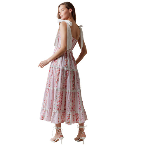 Women's Peach Love California Poplin Floral Shoulder Tie Maxi Dress - Pink  | Eagle Eye Outfitters