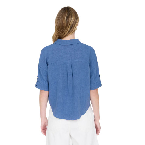 Women's Blu Pepper V-Neck Button Down Shirt Denim Blue Back Model View