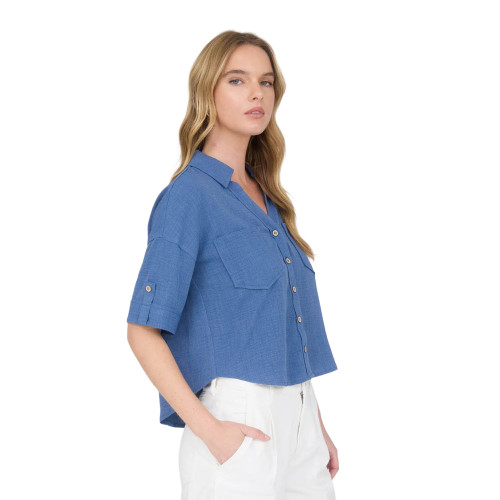 Women's Blu Pepper V-Neck Button Down Shirt Denim Blue Side Model View