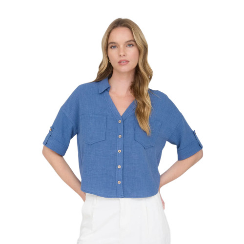 Women's Blu Pepper V-Neck Button Down Shirt Denim Blue Front Model View