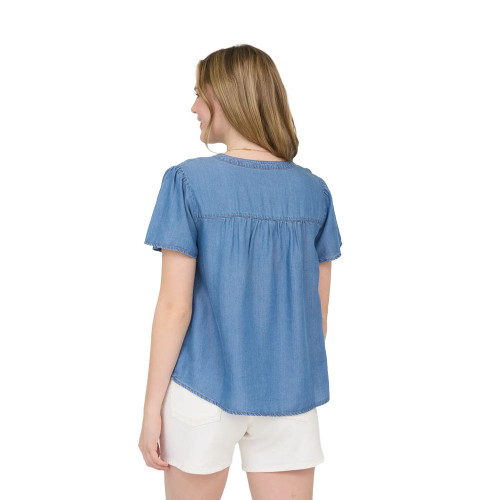 Women's Blu Pepper Half Button Up Shirt - Chambray Blue Back Model View