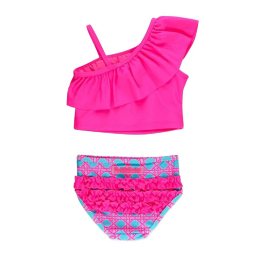 Little Girls' RuffleButts Ruffle Tankini 2 Piece Swimsuit Neon Sorbet Cane Back