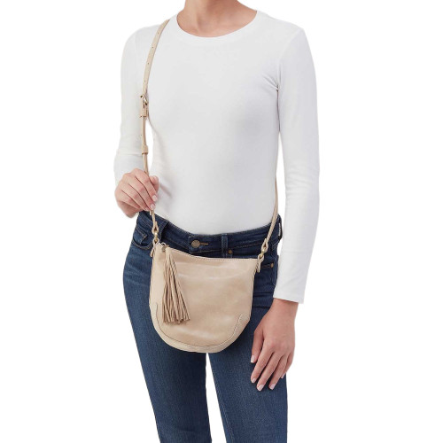 HOBO Lexi Crossbody - Frosted Pearl Model Carrying The Bag