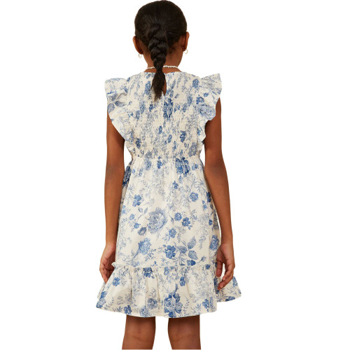 Girls' Hayden Antique Floral Smock & Ruffle Blue Dress back