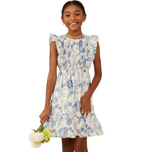 Girls' Hayden Antique Floral Smock & Ruffle Blue Dress