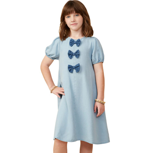 Girls' Hayden Contrast Bow Detail Tencel Light Denim Blue Dress