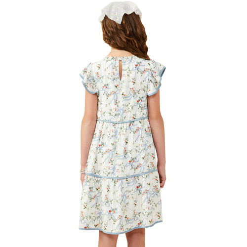 Girls' Hayden Floral Ribbon Print Contrast Trim Blue Dress back