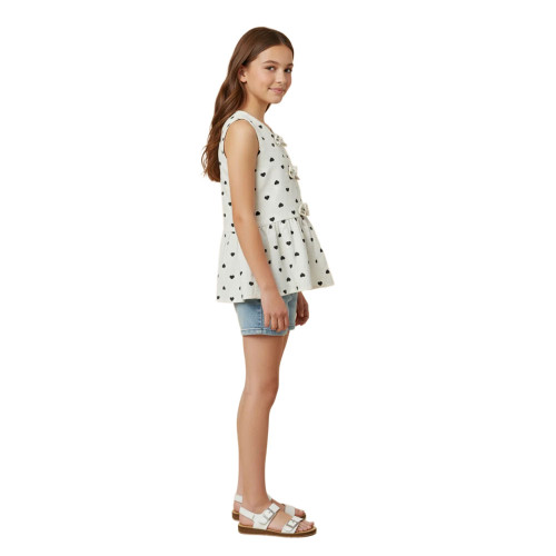 Girls' Hayden Ditsy Heart Print Bow Detail Peplum Ivory White Tank side