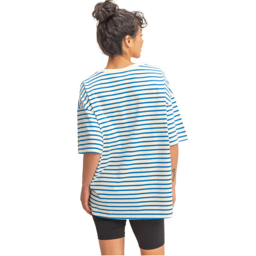 Women's Double Zero Striped Crew Neck Oversized Tee Blue Back Model View