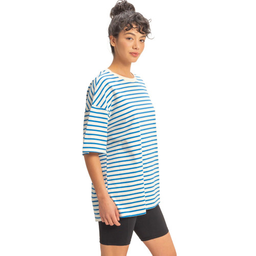 Women's Double Zero Striped Crew Neck Oversized Tee Blue Side Model View