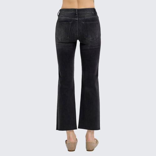 Women's Risen Tummy Control Mid Rise Crop Straight Leg Jeans Black Back