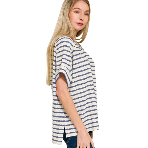 Women's Zenana Striped Short Sleeve Hi Lo T-Shirt Denim Blue Side Model View